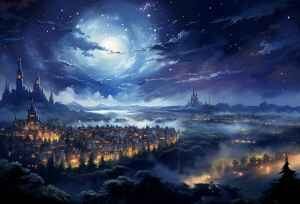 Un paisaje nocturno de Barcelona fantasía conmo una ciudad medieval iluminada a orillas de un lago, con grandes castillos en el fondo bajo un cielo estrellado y una luna llena brillante.