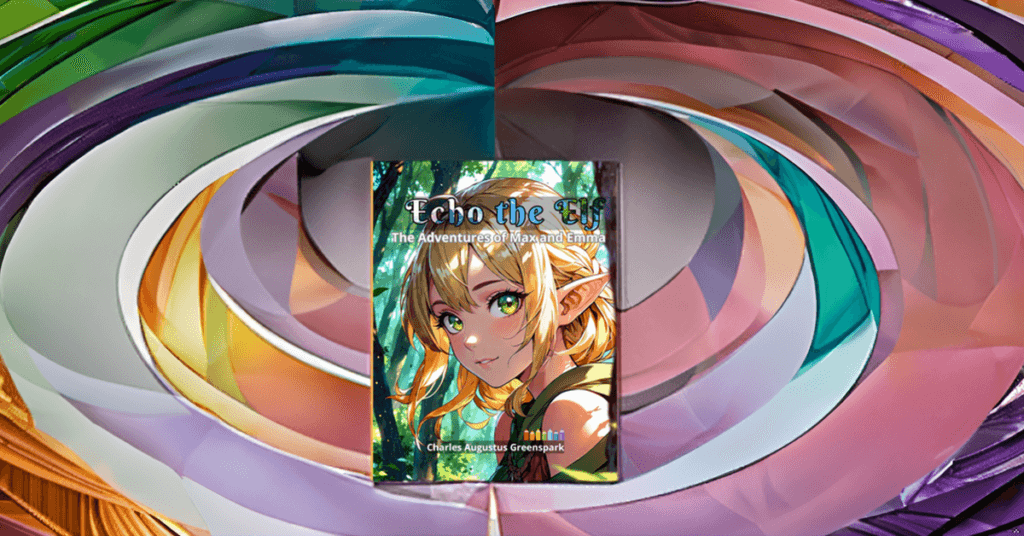 Mockup de libro de colorear para niños una elfa rubia de ojos verdes llamada Echo.