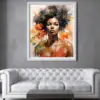 Retrato de Mujer africana, estilo acuarela, habitación con sofá blanco