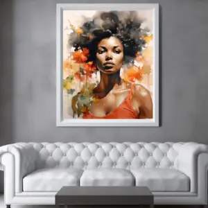 Retrato de Mujer africana, estilo acuarela, habitación con sofá blanco