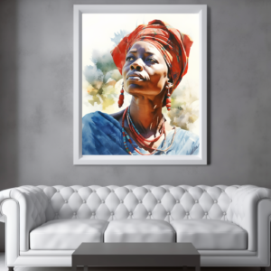 Mockup de de retrato de mujer africana en una habitación de paredes grises con un sofá blanco y mesita gris oscuro.