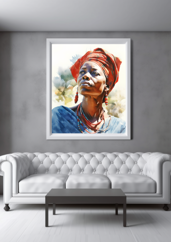 Mockup de de retrato de mujer africana en una habitación de paredes grises con un sofá blanco y mesita gris oscuro.