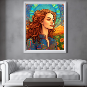 Ilustración digital de una mujer con cabello rojo largo y una expresión serena. Lleva una camisa con diseños coloridos y está rodeada por un mandala con tonos azules, verdes y amarillos. En la parte inferior de la imagen hay un campo verde con flores amarillas.