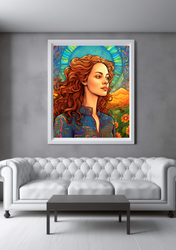 Ilustración digital de una mujer con cabello rojo largo y una expresión serena. Lleva una camisa con diseños coloridos y está rodeada por un mandala con tonos azules, verdes y amarillos. En la parte inferior de la imagen hay un campo verde con flores amarillas.