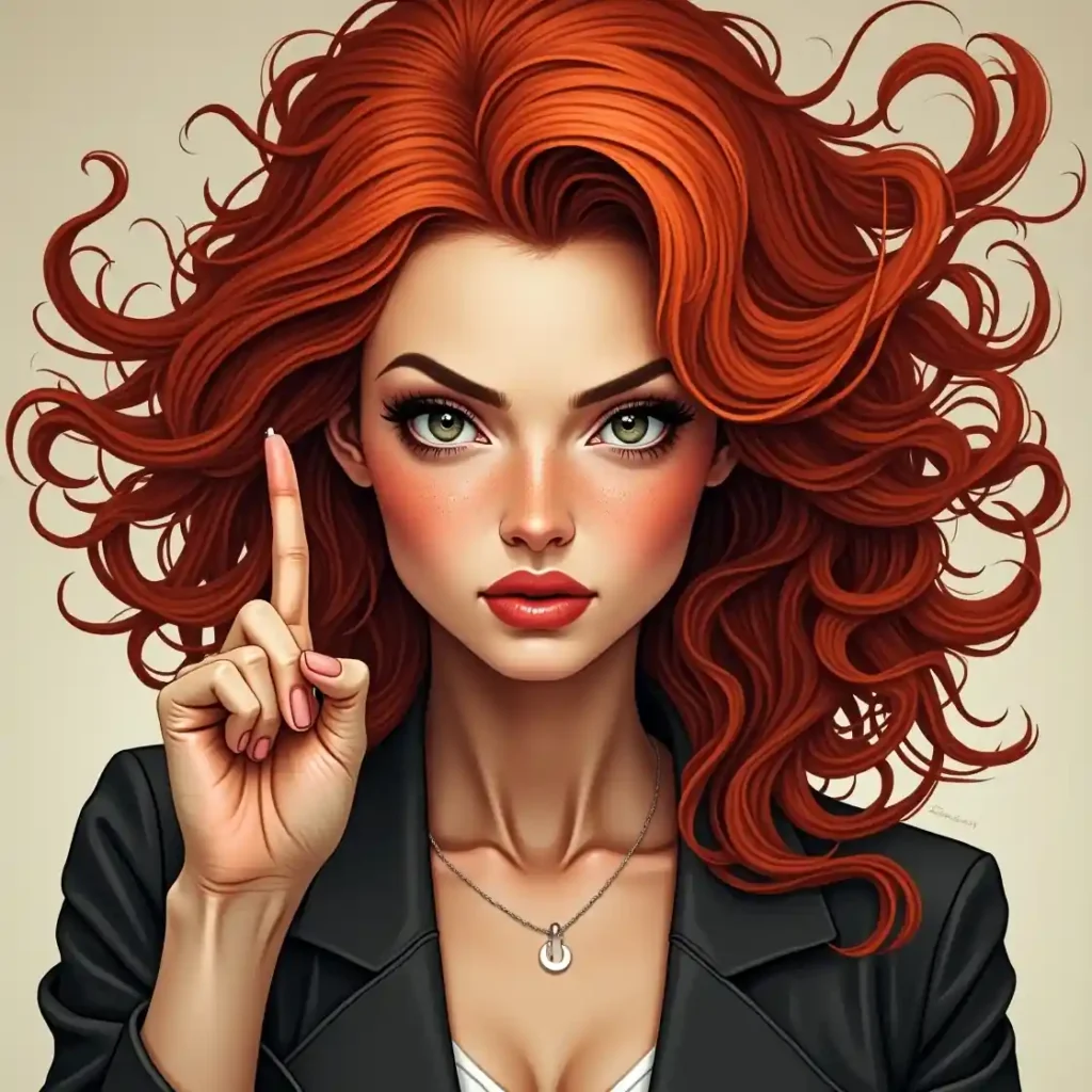 Mujer pelirroja haciendo el gesto de negación con el dedo índice.