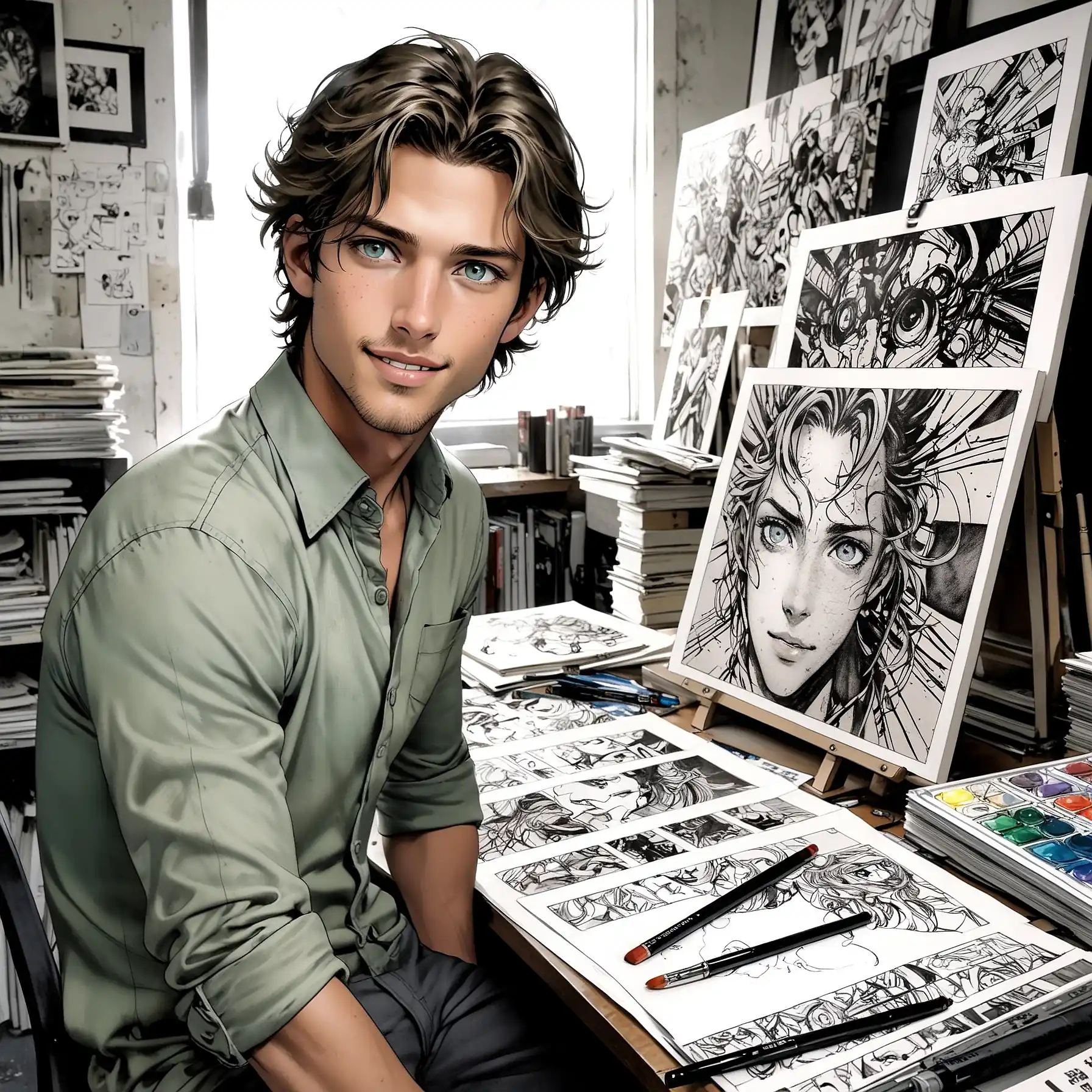 Hombre joven rubio de ojos verdes llamado Charles A. Greenspark sentado en su estudio de dibujo.
