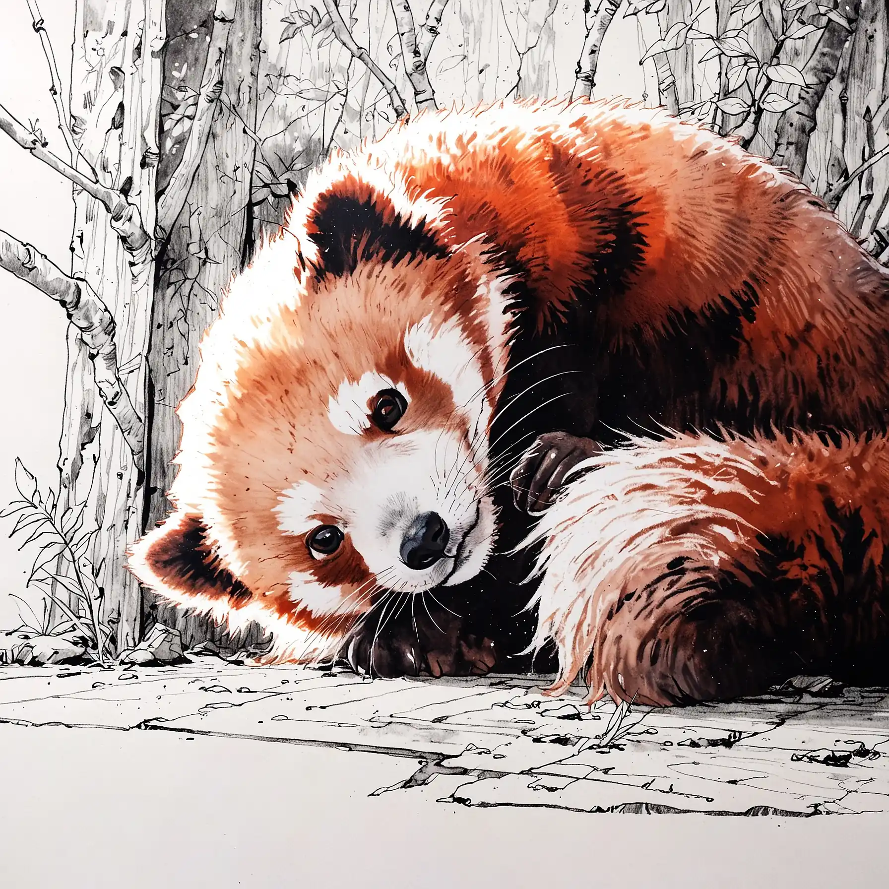 panda rojo tumbado en el suelo de un bosque de bambú, estilo manga.