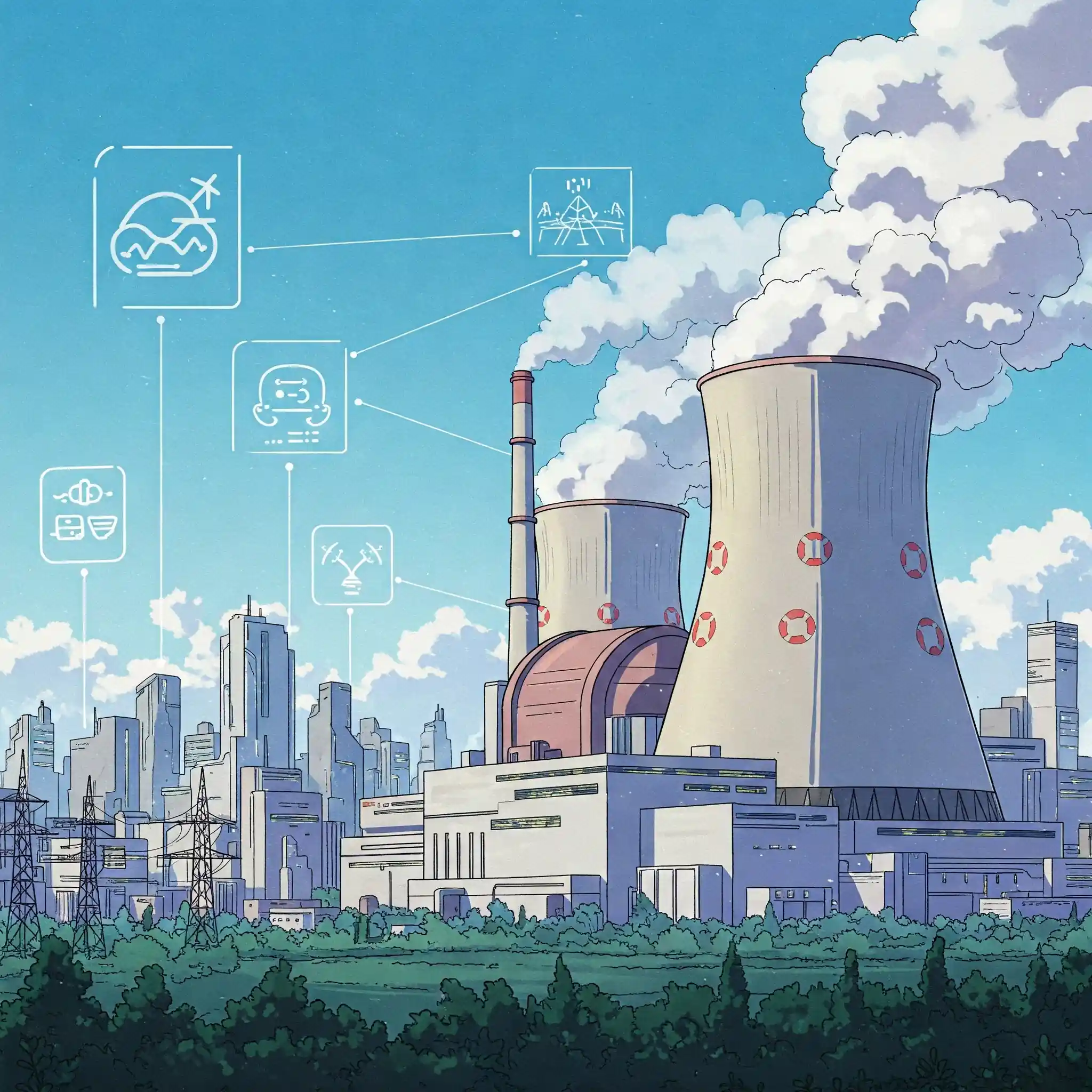 Imagen de central nuclear necesaria, estilo anime.