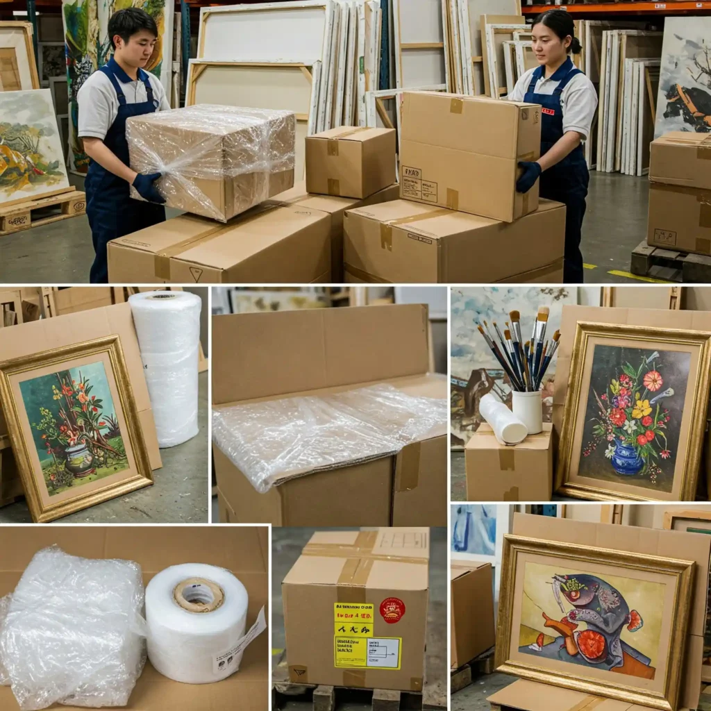 Dos operarios haciendo envíos de arte en un almacén.
