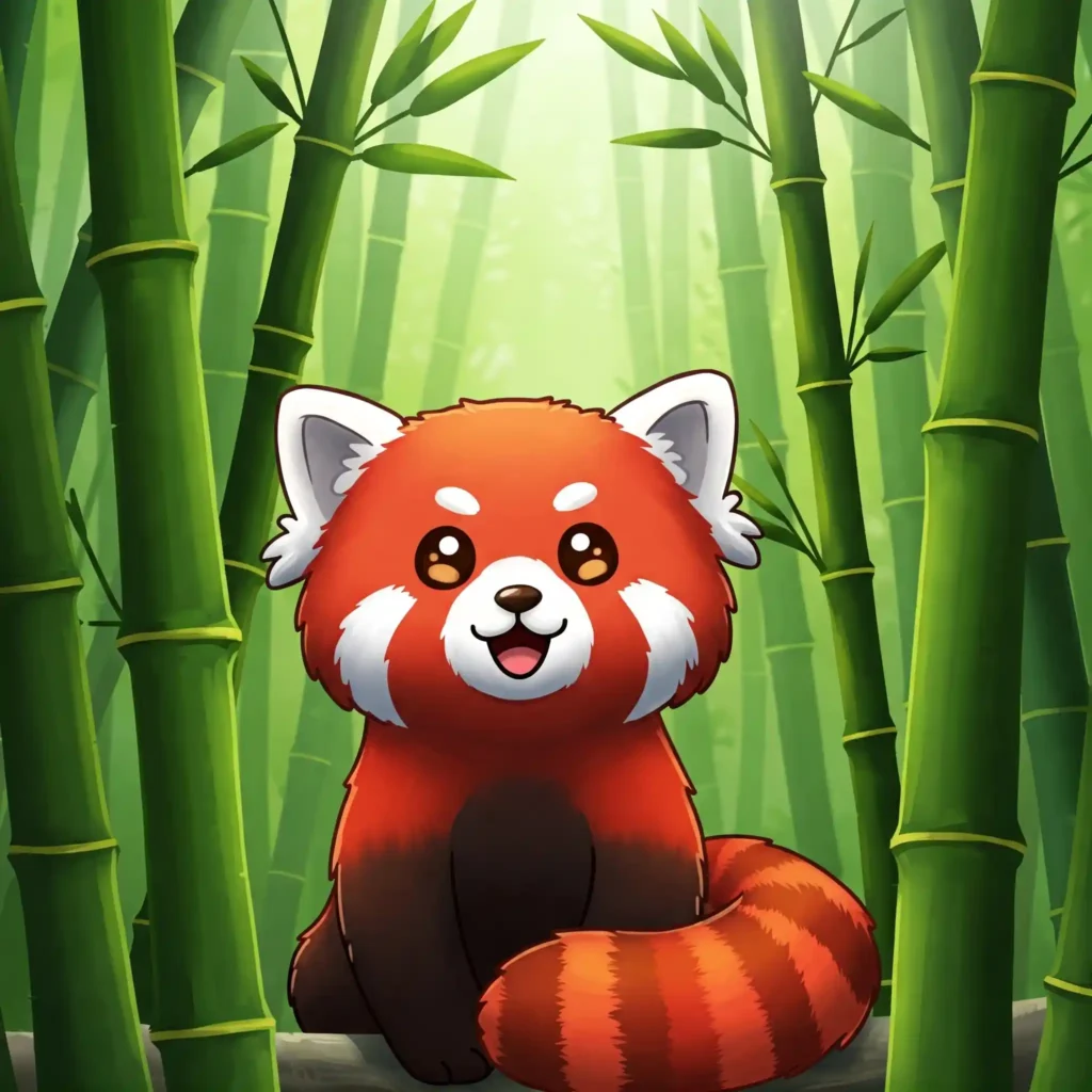 panda rojo sonriente estilo cartoon en bosque de bambú.