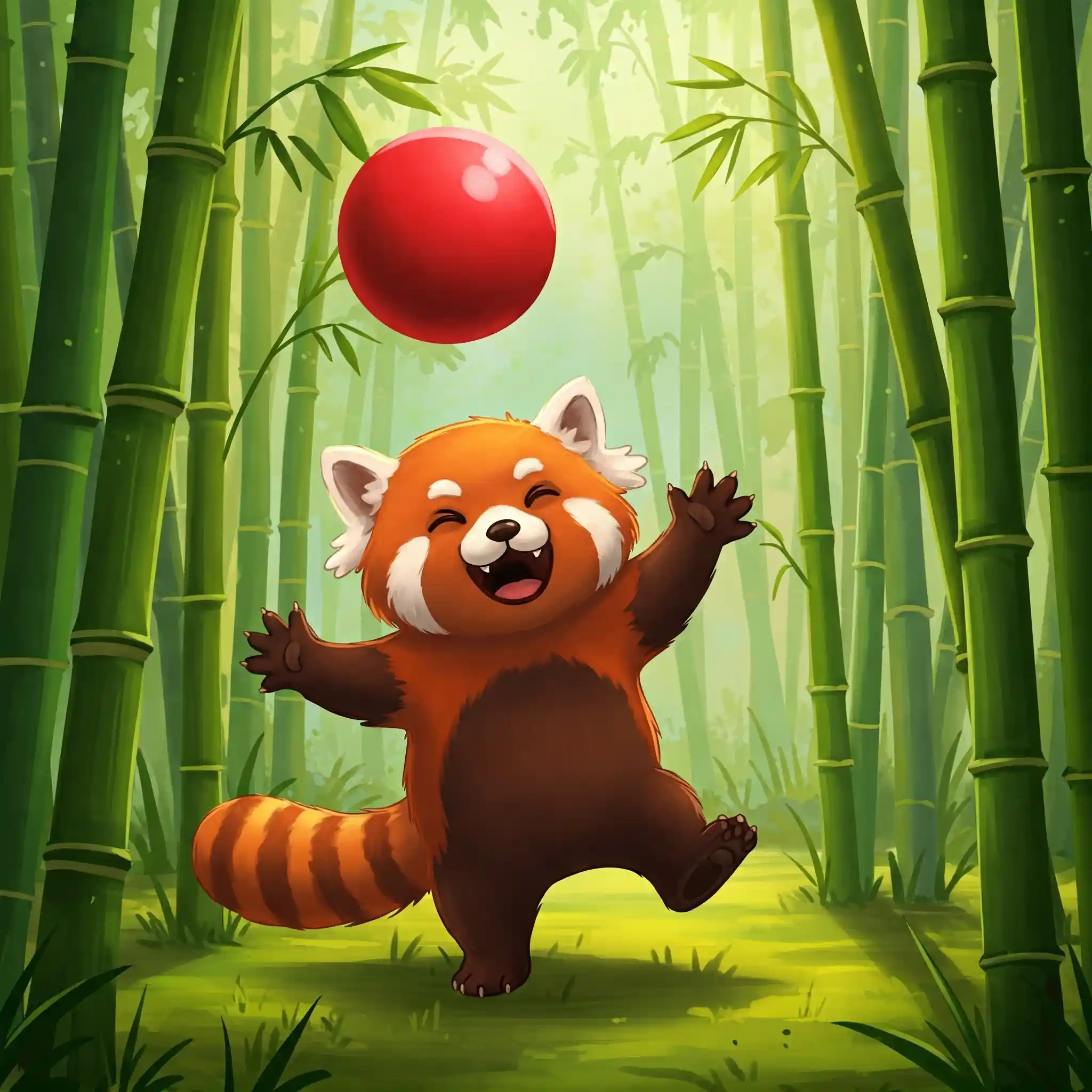 panda rojo estilo cartoon jugando con una pelota roja, en un bosque de bambú.