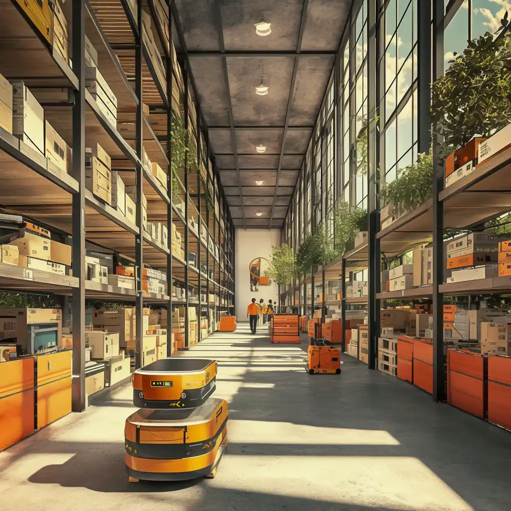 Robot autónomo dirigido por Inteligencia Artificial está circulando por los pasillos de un almacén.