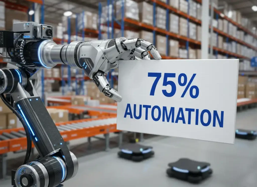 Brazo robótico enseña una tarjeta a cámara que dice: "75% Automation". de fondo se ve un almacén difuminado.