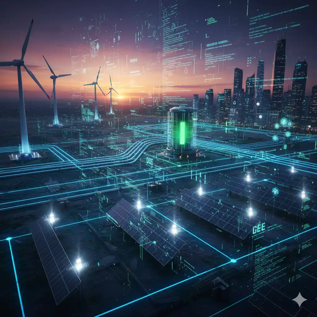 Red eléctrica inteligente optimizada por IA, mostrando el flujo de energía desde fuentes renovables como turbinas eólicas y paneles solares.