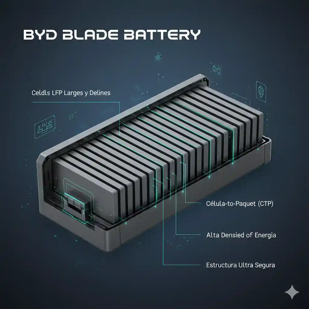 Diagrama del diseño **BYD Blade Battery LFP** mostrando la arquitectura Cell-to-Pack (CTP) para optimizar la densidad volumétrica.