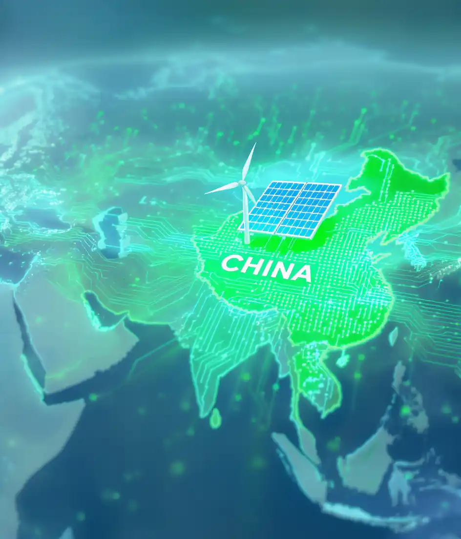 Mapa mundial mostrando el liderazgo de **China energía renovable fabricación** y su influencia global en tecnología verde.