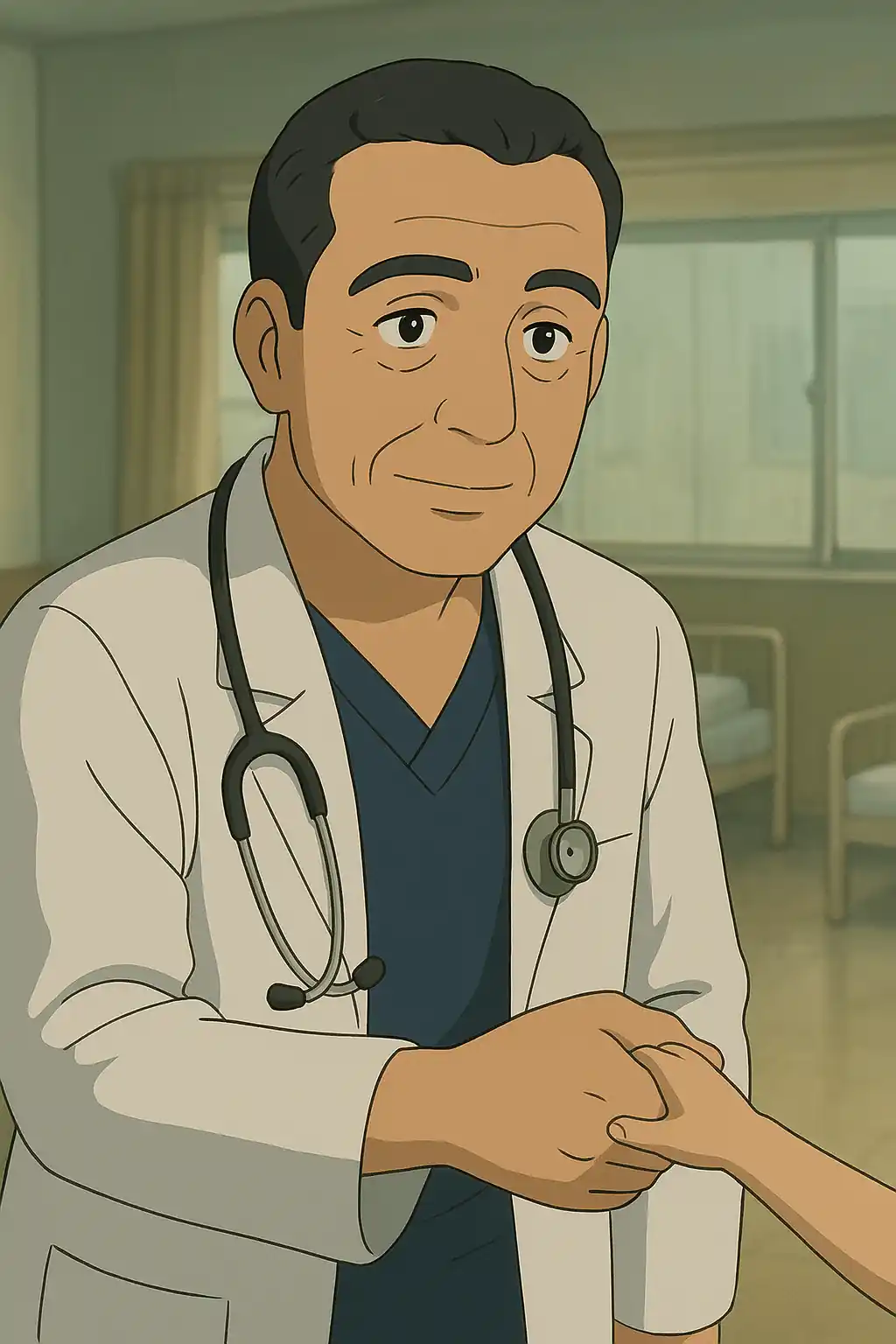 Retrato del Dr. **Hussam Abu Safiya director hospital** Kamal Adwan, simbolizando su labor de pediatra en Gaza, estilo Ghibli.