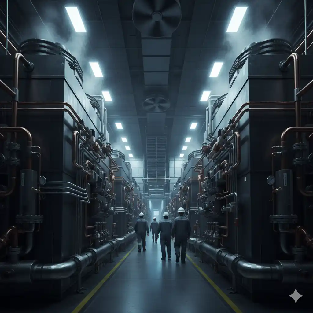 Representación ficticia intercambiadores de calor centros de datos Gemini 3 sostenibilidad.