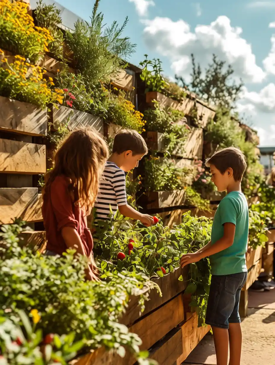 Niño aprendiendo sobre la nutrición tocando un tomate cherry en los **Muros de Cosecha Holanda**, destacando el propósito educativo.