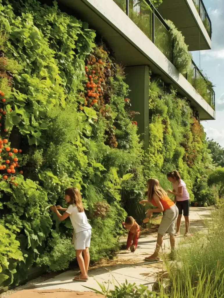 Niños cosechando fresas en un jardín vertical comestible (Harvest Wall), ilustrando la iniciativa **Muros de Cosecha Holanda** en un parque infantil.