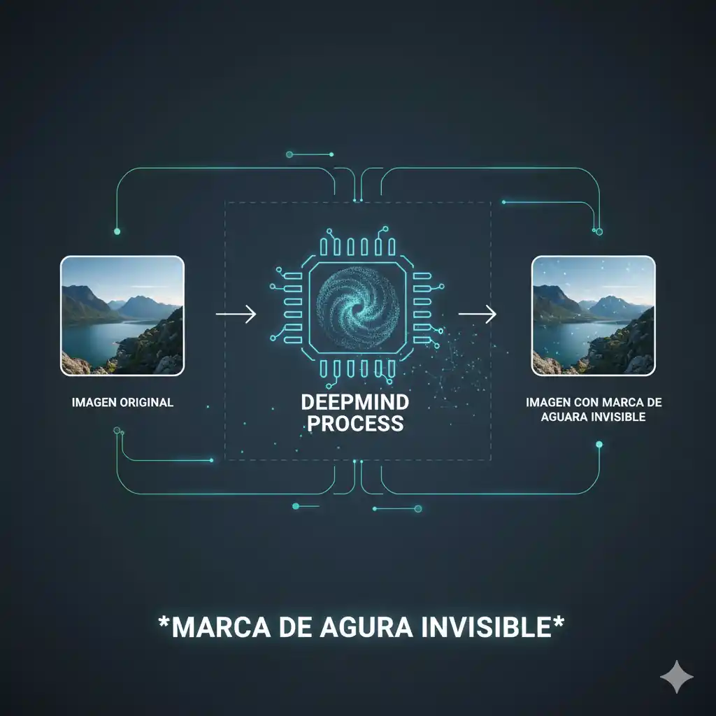  Diagrama de la tecnología **SynthID Google** incrustando una firma digital invisible en los píxeles durante la generación de la IA.