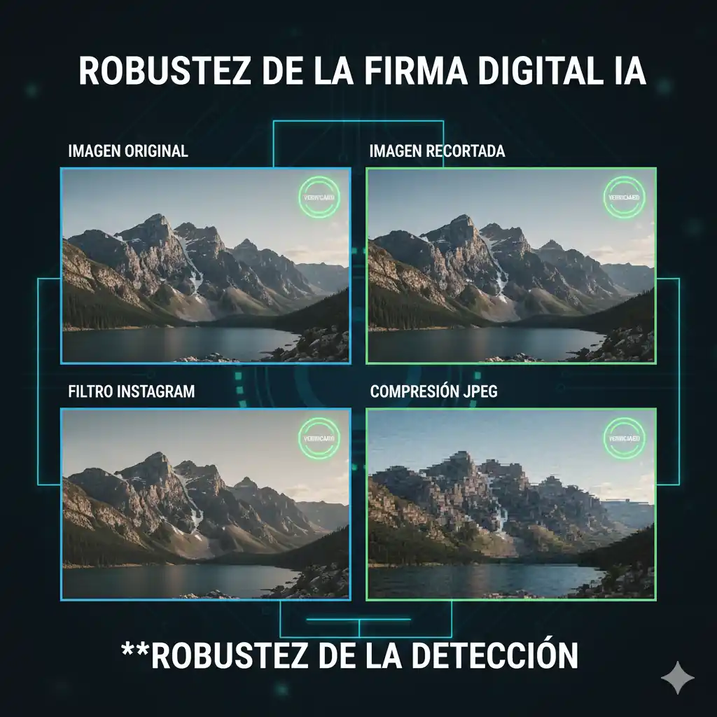 Gráfico de robustez que muestra a **SynthID Google** resistiendo recortes, filtros y compresión JPEG