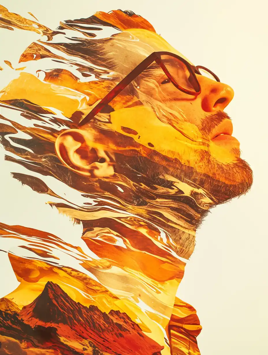 Hombre con el mentón alzado desvaneciéndose, doble exposición deja ver un paisaje montañoso, colores anaranjados atardecer.