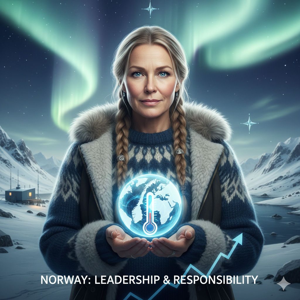 Retrato de **Hilde Fallun**, líder de **The Arctic Call**, sosteniendo el 'termostato' ártico, enfatizando el **liderazgo noruego**.