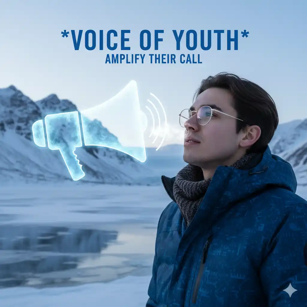 Jóvenes activistas en un entorno ártico, representando el llamado de **The Arctic Call Hilde Fallun** para la **acción climática**