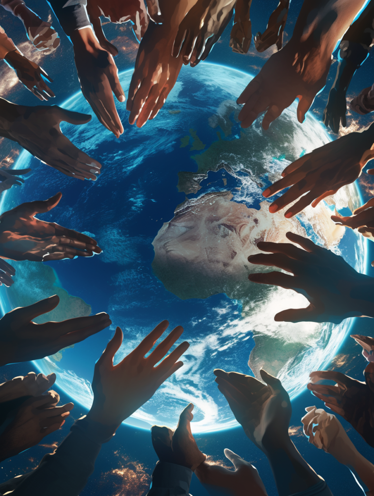 Manos convergiendo sobre el Ártico, simbolizando la **cooperación global** y el pilar de **The Arctic Call Hilde Fallun**