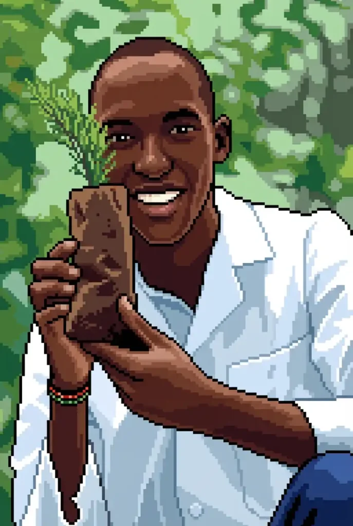 Joseph Ngutiru, con una planta en una bolsa a modo de maceta de bioplástico fabricada a partir de jacinto de agua.