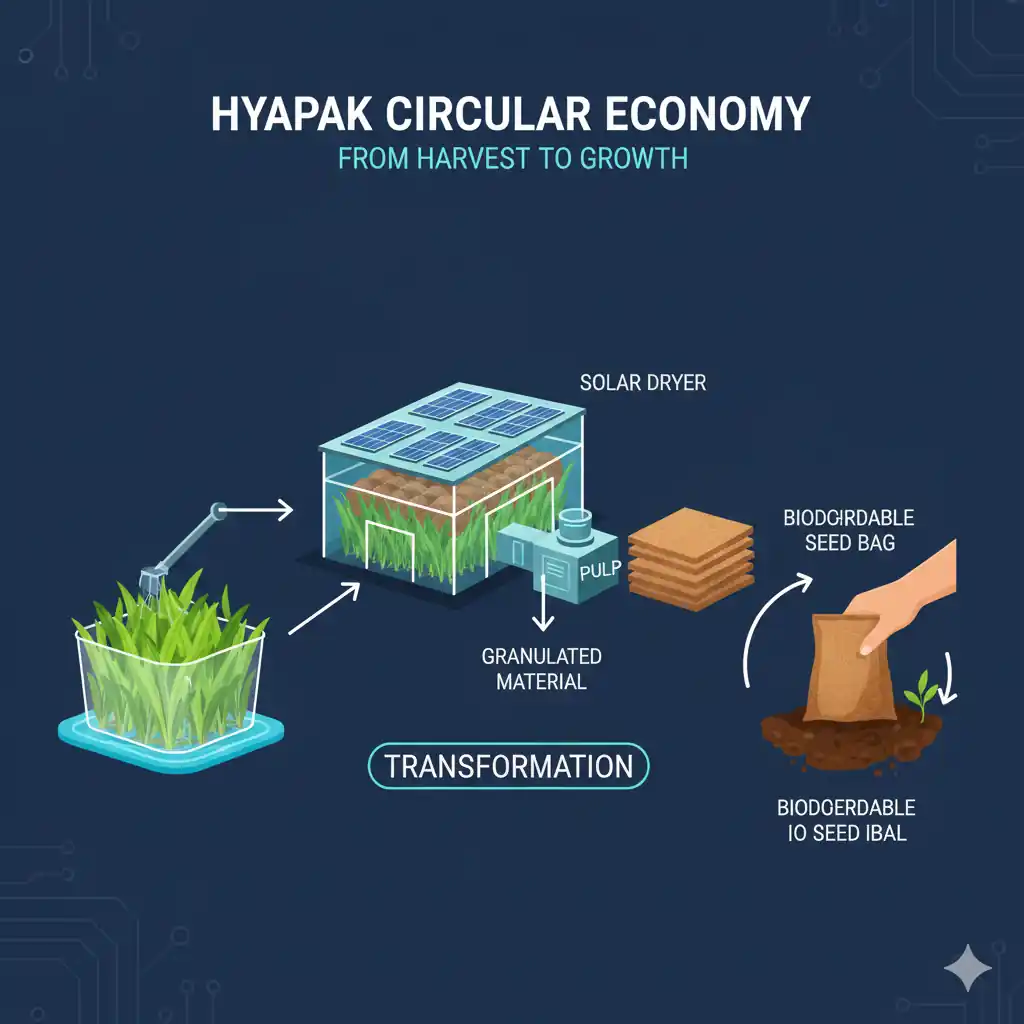 Infografía del proceso de **HyaPak** que transforma el **jacinto de agua** en **bio-plástico biodegradable**.