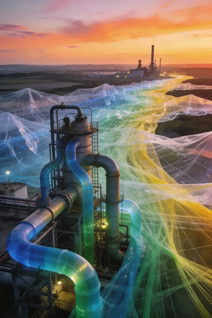 Vista aérea de una refinería de la industria petrolera al atardecer, donde las chimeneas emiten grandes cintas de plásticos de colores brillantes y transparentes en lugar de humo, formando una red sobre la instalación y el paisaje circundante.