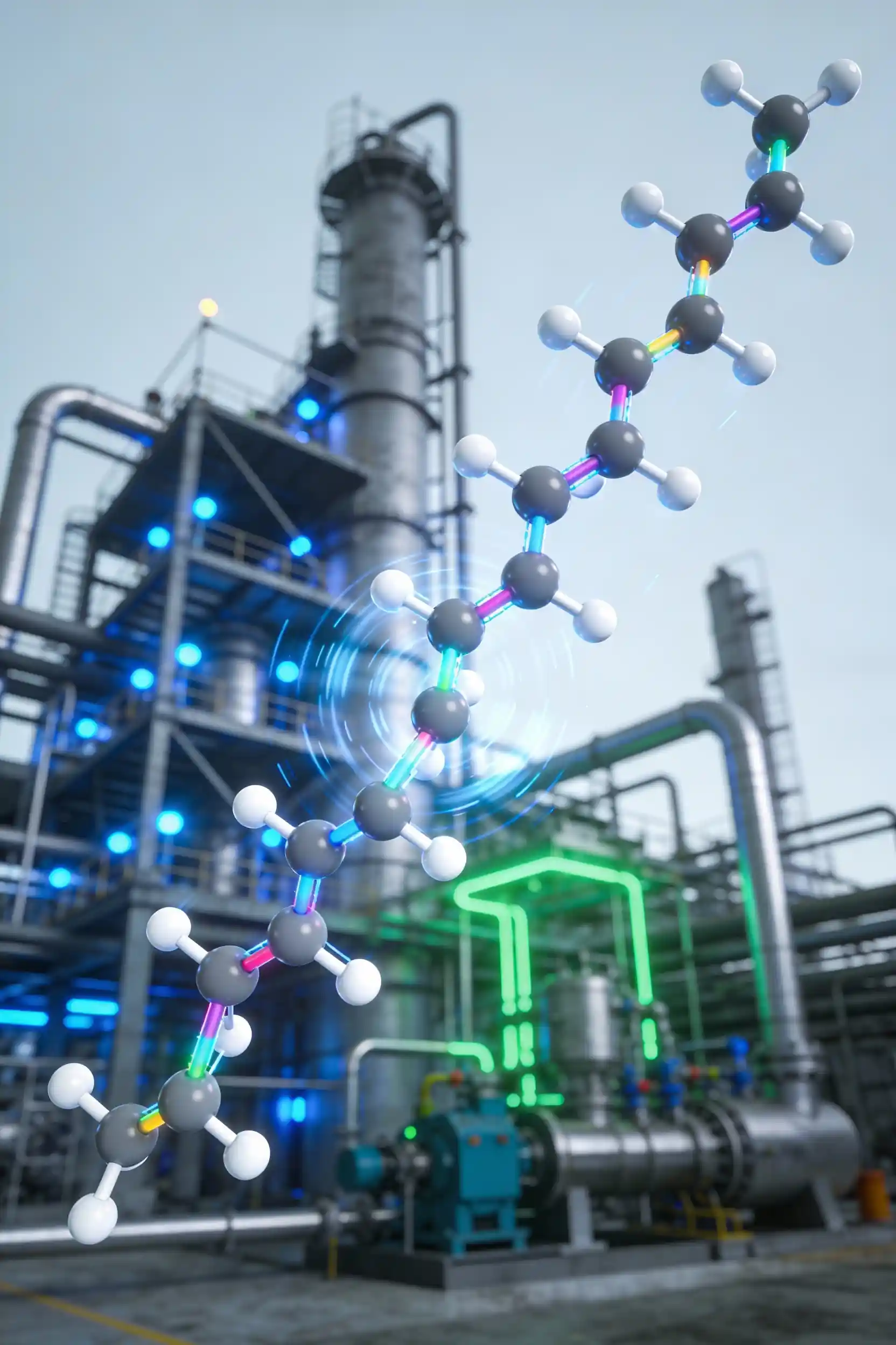 Una representación en 3D dentro de una instalación industrial de alta tecnología, que ilustra la conexión entre la industria petrolera y la producción de plásticos. A la izquierda, una molécula de etileno (C2H4), un derivado del petróleo, se muestra separada. A la derecha, esta molécula se transforma y se une a una larga cadena en espiral de polietileno ((-CH2-CH2-)n), un tipo común de plástico, destacando el proceso químico de polimerización. El fondo muestra equipos industriales y tuberías con iluminación azul y verde, enfatizando el entorno de manufactura avanzado de la industria petrolera y petroquímica.