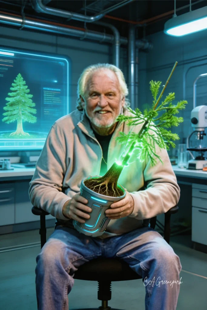 Ilustración vertical de David Milarch, un ingeniero botánico en un laboratorio futurista de bioingeniería, sosteniendo un plantón brillante clonado de una secuoya gigante (Sequoiadendron giganteum) como copia de seguridad genética.