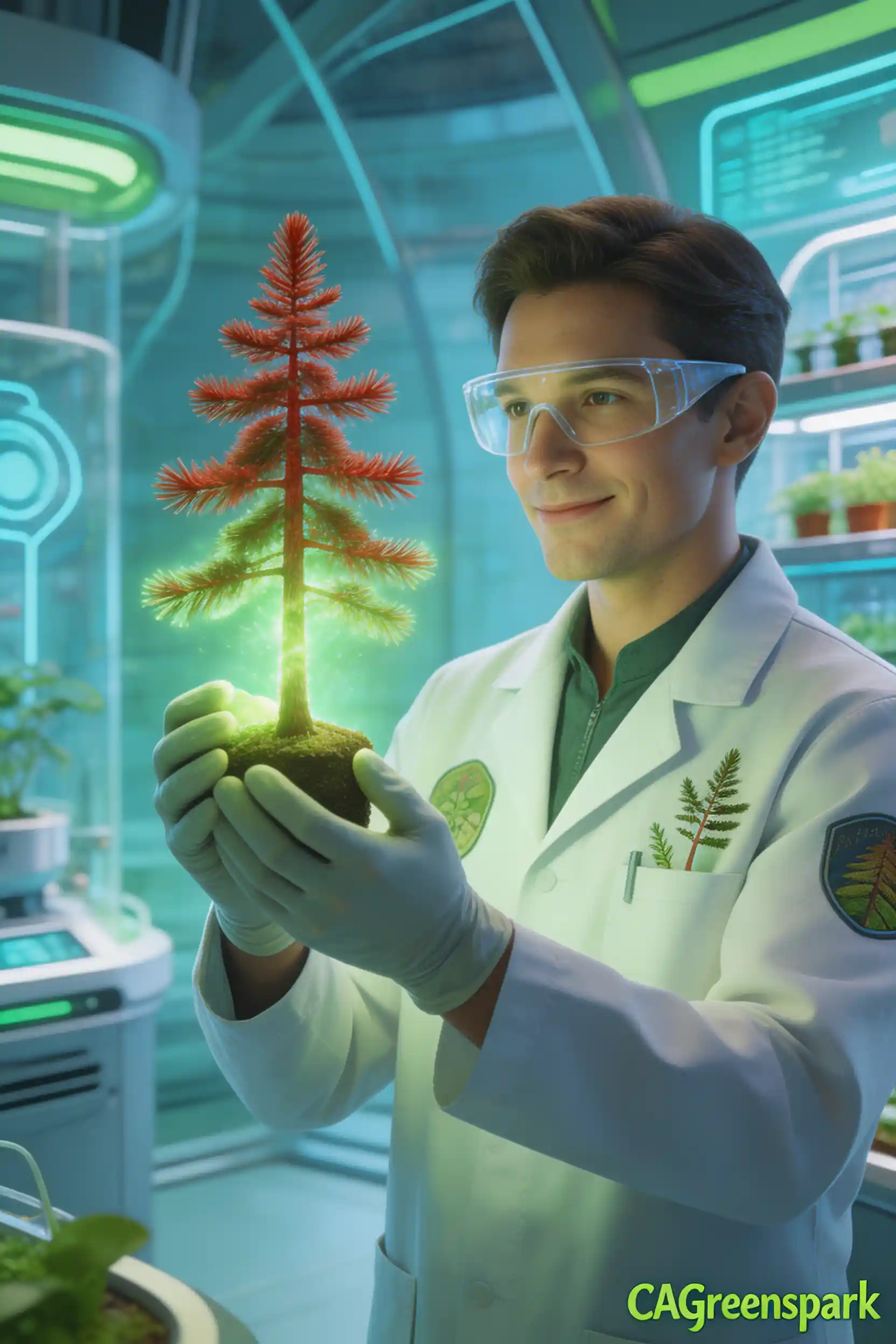 Hombre joven vestido con bata de laboratorio y gafas de protección en un laboratorio futurista sosteniendo un plantón de secuoya con un brillo neón verde.