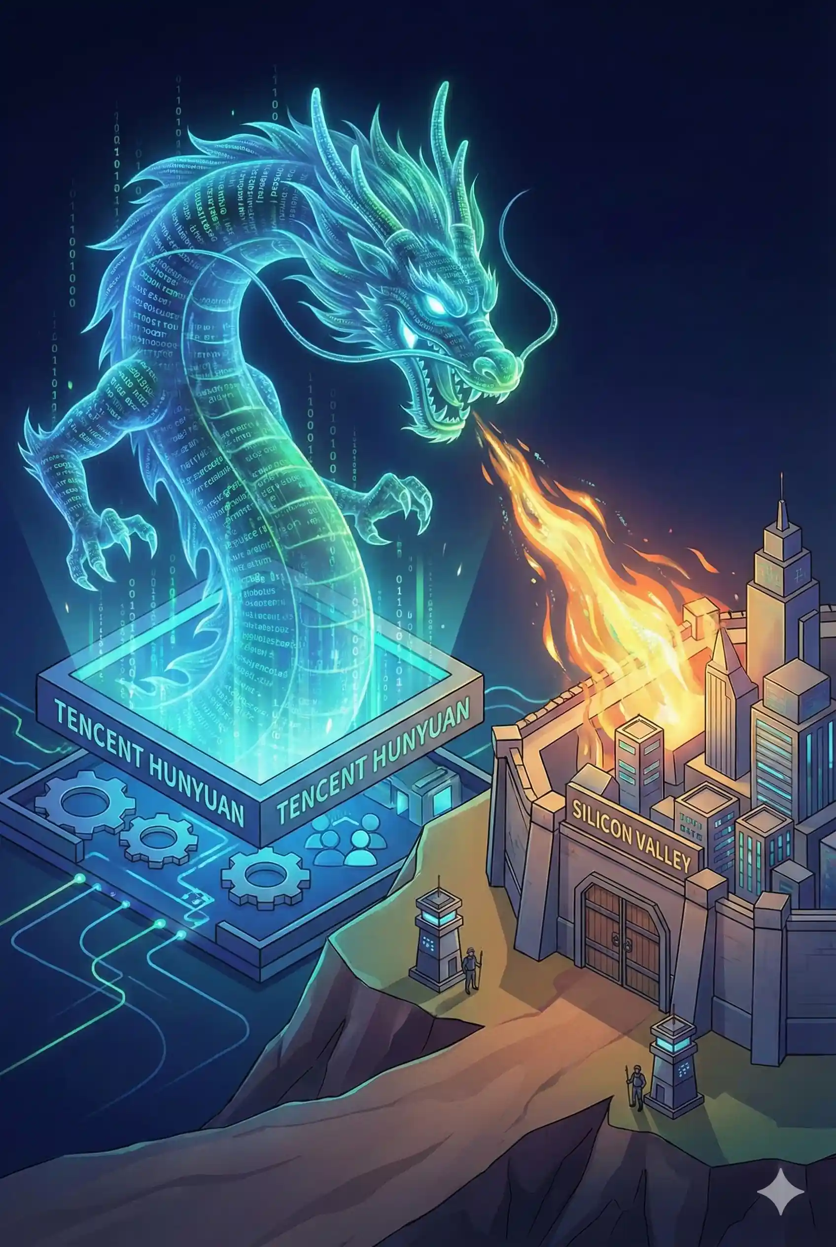 "Ilustración futurista de un dragón digital azul que representa al modelo Hunyuan Tencent de código abierto emergiendo para desafiar las murallas fortificadas de Silicon Valley.
