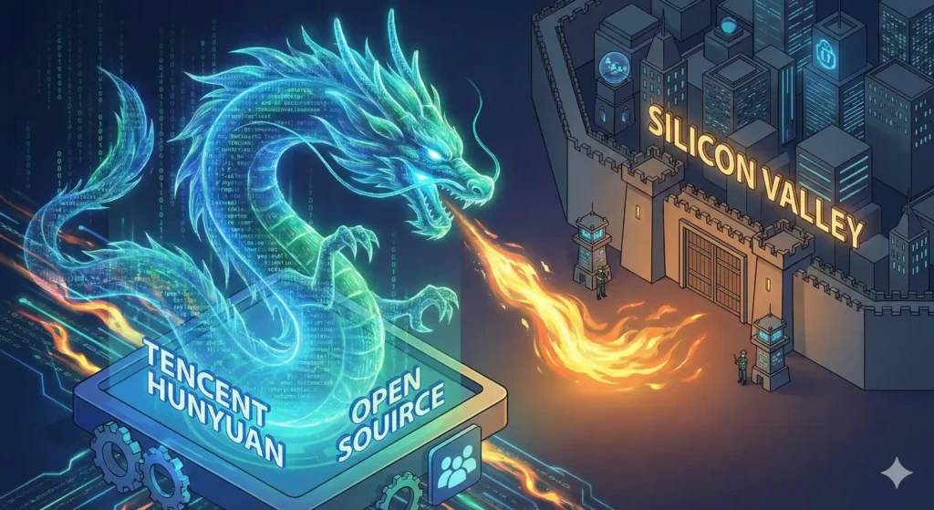 Ilustración futurista de un dragón digital azul que representa al modelo Hunyuan Tencent de código abierto emergiendo para desafiar las murallas fortificadas de Silicon Valley