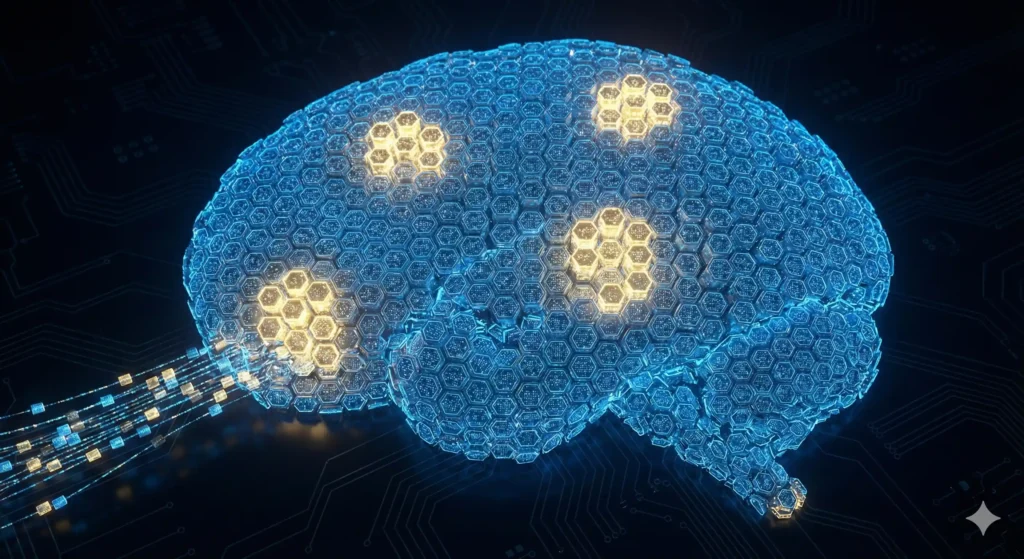 Ilustración de un cerebro digital azul con módulos hexagonales iluminados selectivamente, representando la eficiencia de la arquitectura Mixture of Experts (MoE) utilizada en el modelo Tencent Hunyuan.