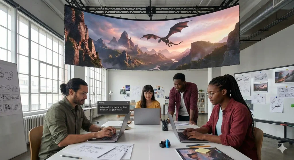 Equipo de creadores colaborando en un estudio moderno utilizando HunyuanVideo para generar una escena cinematográfica de alta definición en una pantalla curva a partir de un prompt de texto.