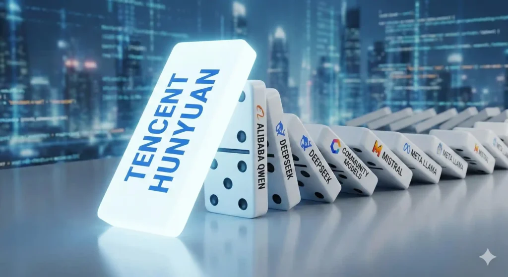 Ilustración conceptual del efecto dominó en la IA Open Source, donde el lanzamiento de Tencent Hunyuan empuja a otros modelos competidores como DeepSeek, Alibaba Qwen y Meta Llama.