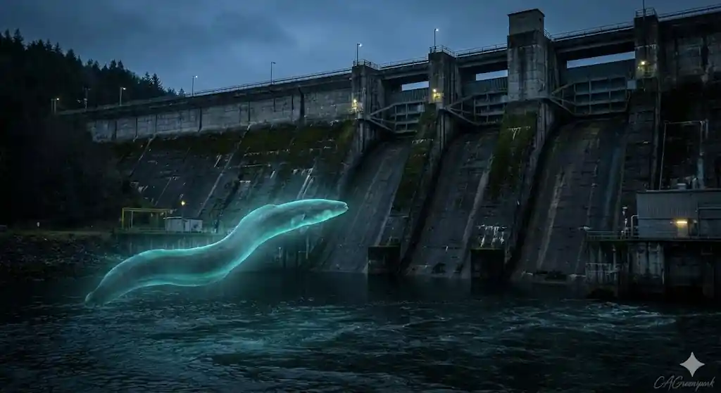 Primer plano de una anguila, un pez de cuerpo alargado y serpentiforme, con piel de color pardo verdoso oscuro en el dorso y vientre más claro. Se aprecian su cabeza con ojos pequeños y su boca.