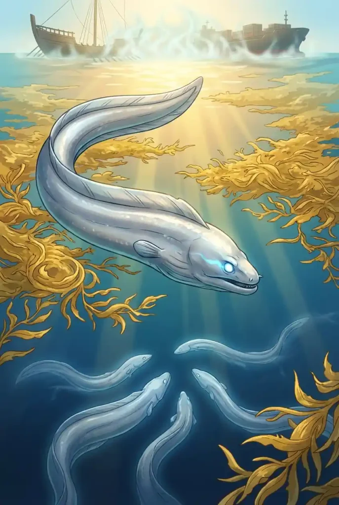 Esta es una ilustración que muestra una anguila plateada grande con ojos brillantes en el centro, rodeada por un grupo de anguilas más pequeñas en aguas profundas y azules. Las anguilas nadan entre lechos de algas doradas mientras rayos de sol penetran desde la superficie, donde se ve un barco de aspecto antiguo envuelto en niebla o humo. La imagen evoca un sentido de misterio y migración, un ciclo vital que actualmente se ve amenazado por factores que llevan a la extinción de la especie.