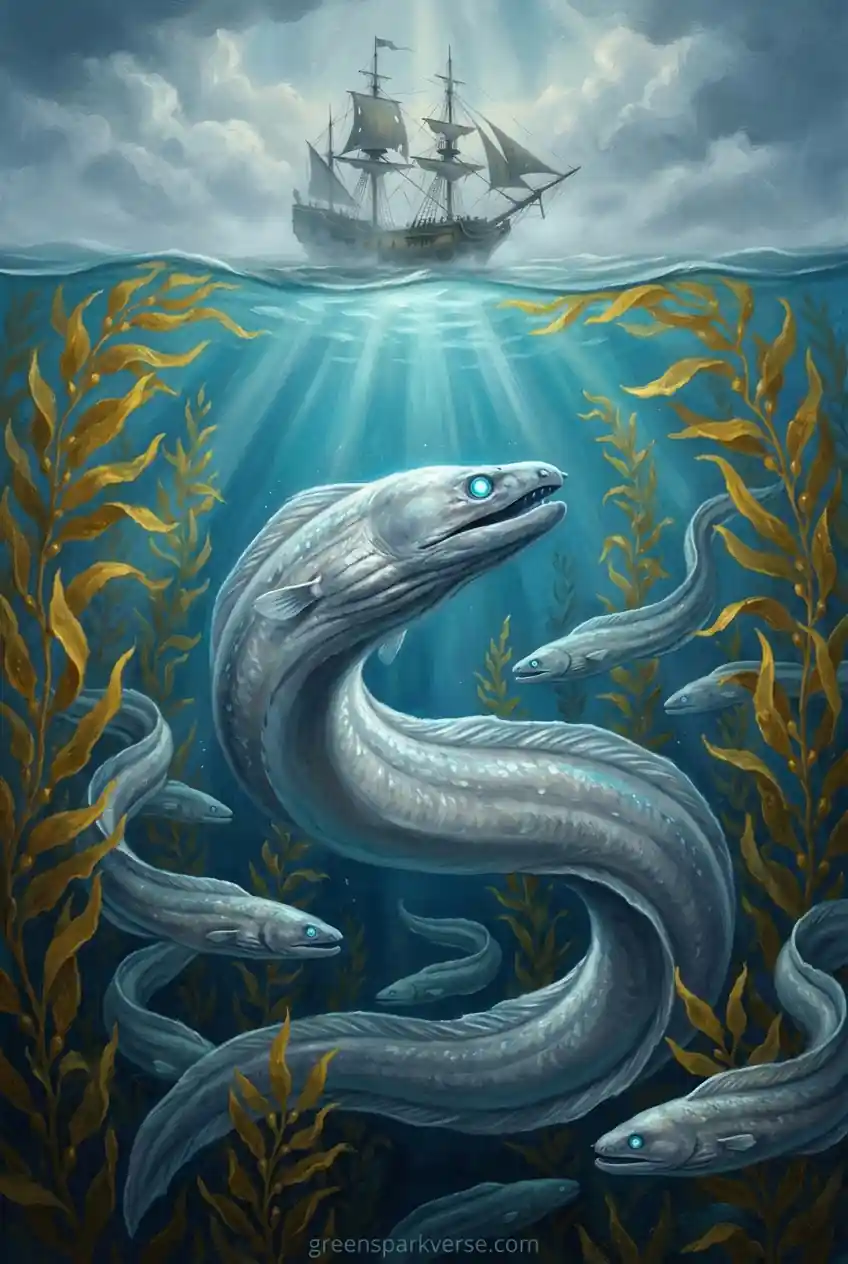 Una ilustración submarina que muestra una anguila plateada gigante con ojos brillantes, rodeada por anguilas más pequeñas entre algas doradas, con un barco fantasma en la superficie. La imagen evoca la migración épica de las anguilas al Mar de los Sargazos, un ciclo vital actualmente amenazado por factores como la sobrepesca y la pérdida de hábitat, poniendo a la especie en peligro de extinción.