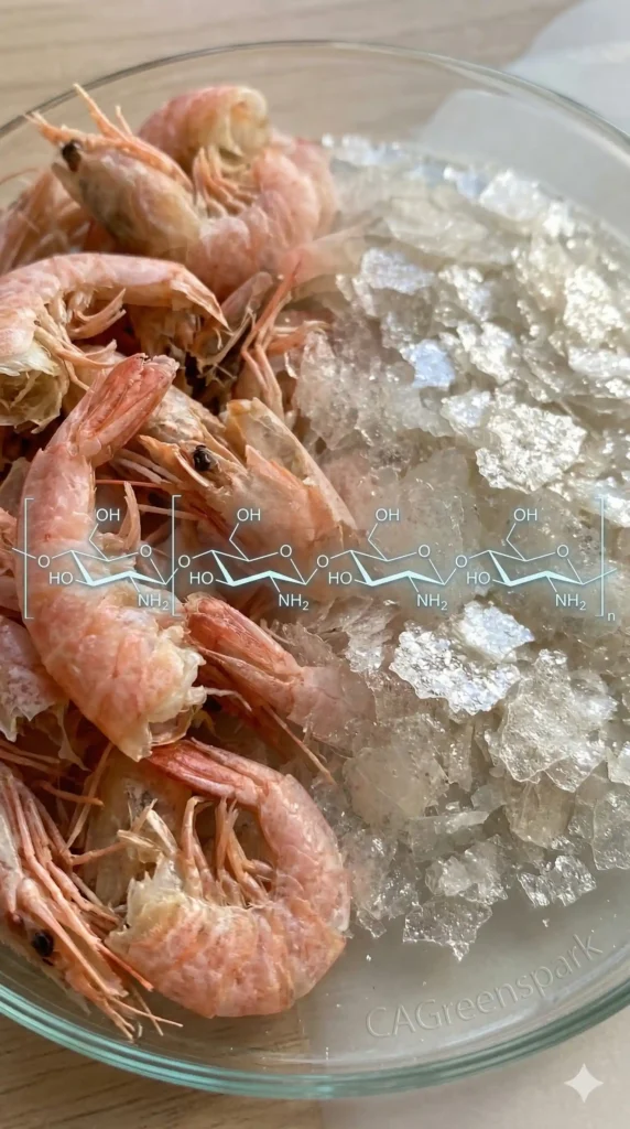 Fotografía vertical en primer plano que ilustra la síntesis de bioplástico mediante economía circular: cáscaras de gamba rosadas a la izquierda transformándose fluidamente en escamas translúcidas de quitosano puro a la derecha, con un diagrama molecular superpuesto y la firma CAGreenspark