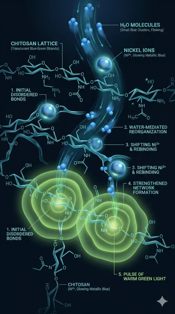 Visualización científica vertical de la estructura molecular del bioplástico del IBEC: cadenas de quitosano translúcido entrelazadas con iones de níquel brillantes, interactuando dinámicamente con moléculas de agua para reforzar sus enlaces, sobre fondo oscuro con la firma CAGreenspark.
