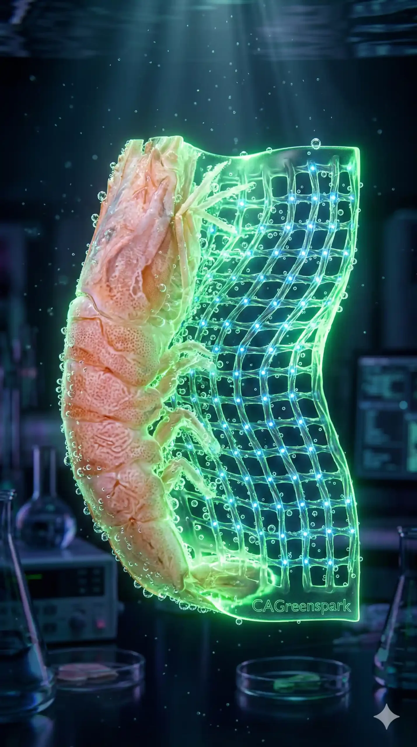 Fotografía macro vertical de una lámina de bioplástico del IBEC sumergida en agua. La imagen ilustra una transición visual desde la textura orgánica de una cáscara de gamba (izquierda) hacia una malla de polímero de quitosano brillante dopada con iones de níquel (derecha). Las burbujas de agua iluminan la estructura en verde, demostrando su resistencia hidrodinámica, con la firma CAGreenspark en la esquina inferior.