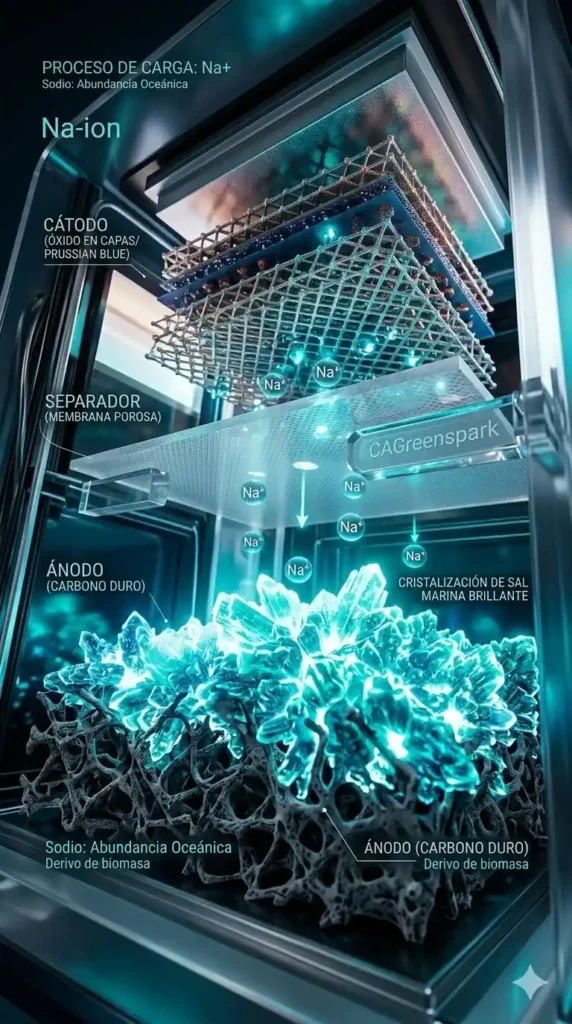 Fotografía macro vertical del interior de las baterías de sodio de BYD, mostrando iones de sodio cristalizando como sal marina brillante sobre la microestructura porosa de un ánodo de carbono duro, ilustrando una arquitectura celular sostenible y libre de litio, con la firma CAGreenspark.