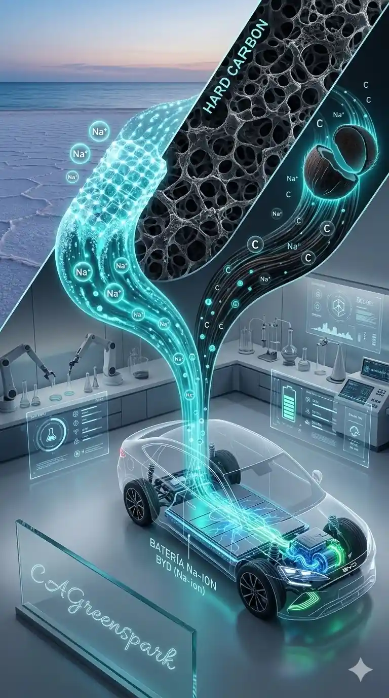 Esta imagen presenta una composición visual dinámica que ilustra el proceso de producción y la aplicación de una batería de ion de sodio. La escena se divide diagonalmente en dos partes principales. La parte superior izquierda muestra un entorno costero con un salar por la noche, del cual emerge una corriente azul luminosa llena de iones de sodio (Na+). En la parte superior derecha, esta corriente se transforma en una estructura porosa y oscura que se desprende de un bloque de material, etiquetado como "HARD CARBON". Esta estructura representa el ánodo de la batería, donde los iones de sodio fluyen a través de un material carbonoso duro, indicado por las etiquetas de carbono (C) y sodio (Na+). En la parte inferior de la imagen, ambas corrientes luminosas convergen y se dirigen hacia un vehículo eléctrico conceptual. El coche está representado con un diseño transparente que revela su chasis y su paquete de baterías. La batería está etiquetada como "BATERÍA Na-ION BYD (Na-ion)". La corriente azul se conecta directamente a la batería, simbolizando el flujo de energía. El fondo de la parte inferior muestra un laboratorio de investigación con equipos científicos, incluyendo reactores, tubos de ensayo y una pantalla de datos holográfica que muestra información sobre la batería y sus componentes. En la esquina inferior izquierda, una placa de vidrio con el nombre "CAGreenspark" y el texto "BATERÍA Na-ION BYD (Na-ion)" añade un toque de autenticidad. La estética general de la imagen es tecnológica y sofisticada, con colores azules y verdes vibrantes que contrastan con los tonos oscuros y metálicos.